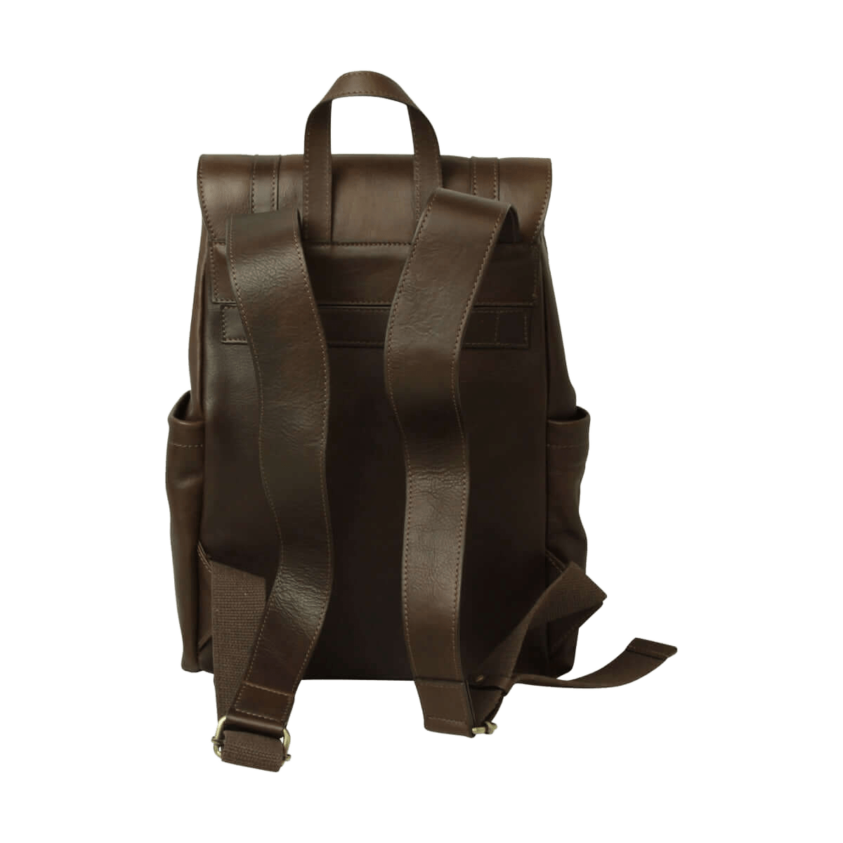 Zaino in pelle marrone scuro, schienale e spallacci regolabili, fascia trolley