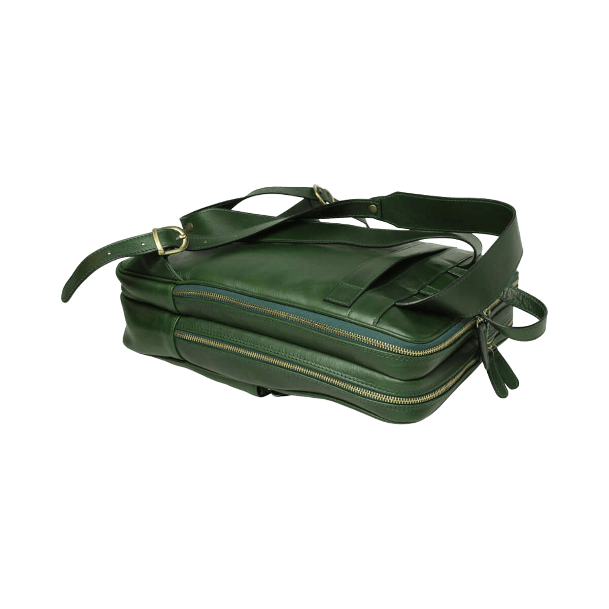 Zaino in pelle verde con tracolla regolabile e doppia zip centrale