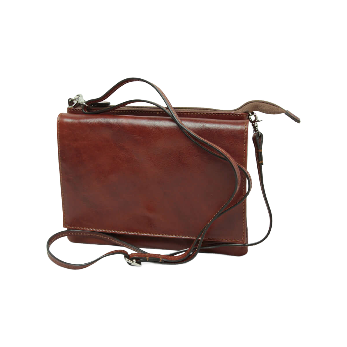 Borsa a tracolla in pelle marrone con tracolla e chiusura frontale