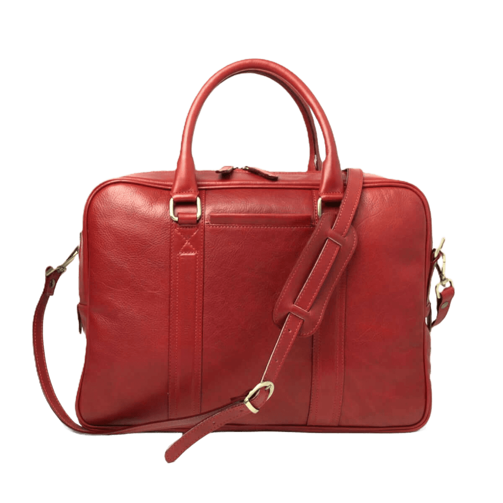 Borsa in pelle rossa con due manici e tracolla, fibbia in metallo e zip
