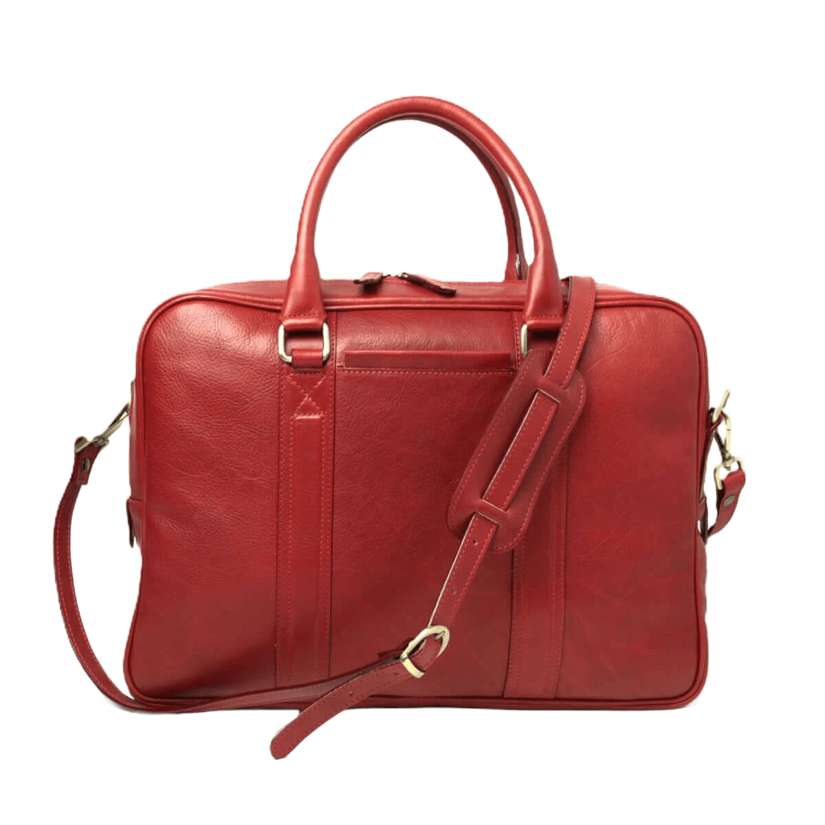 Borsa in pelle rossa con due manici e tracolla, fibbia in metallo e zip