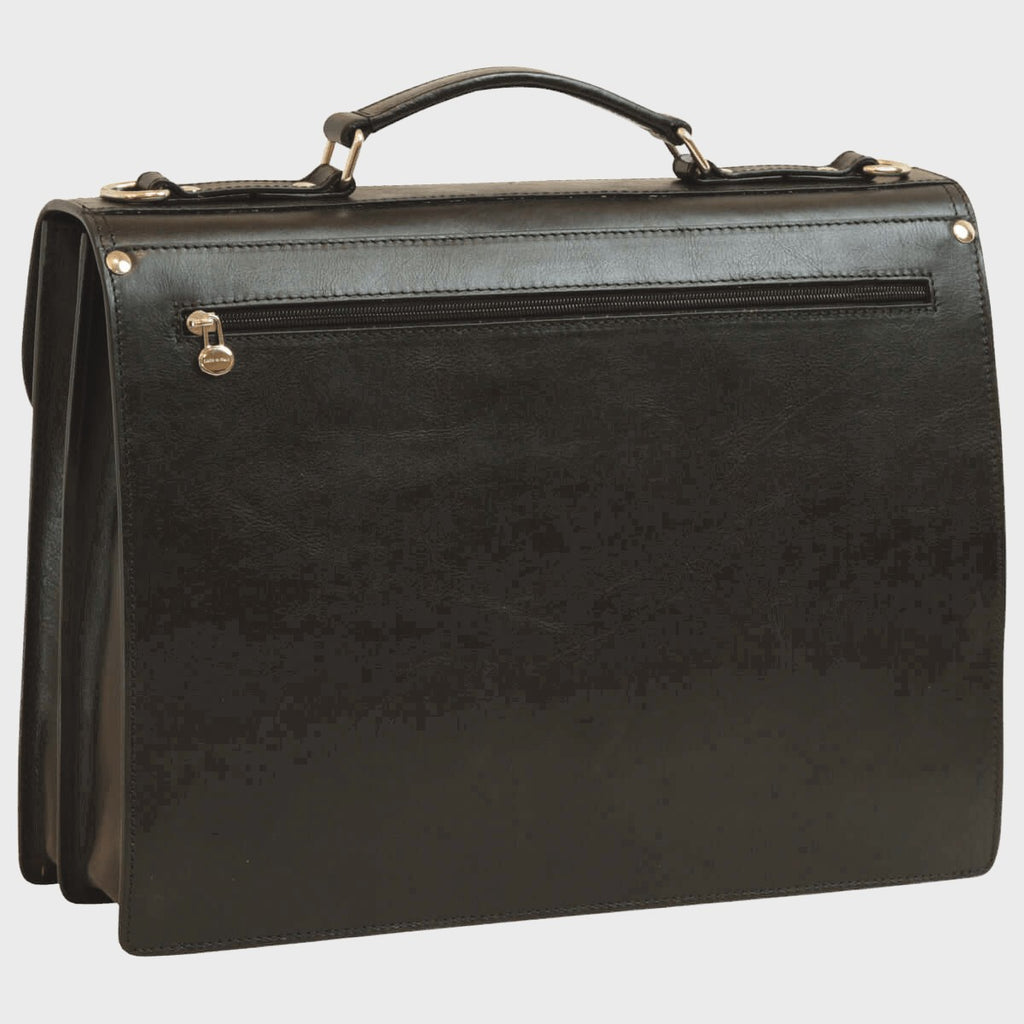 Cartella in pelle nera Old Angler con maniglia superiore e tasca frontale con zip