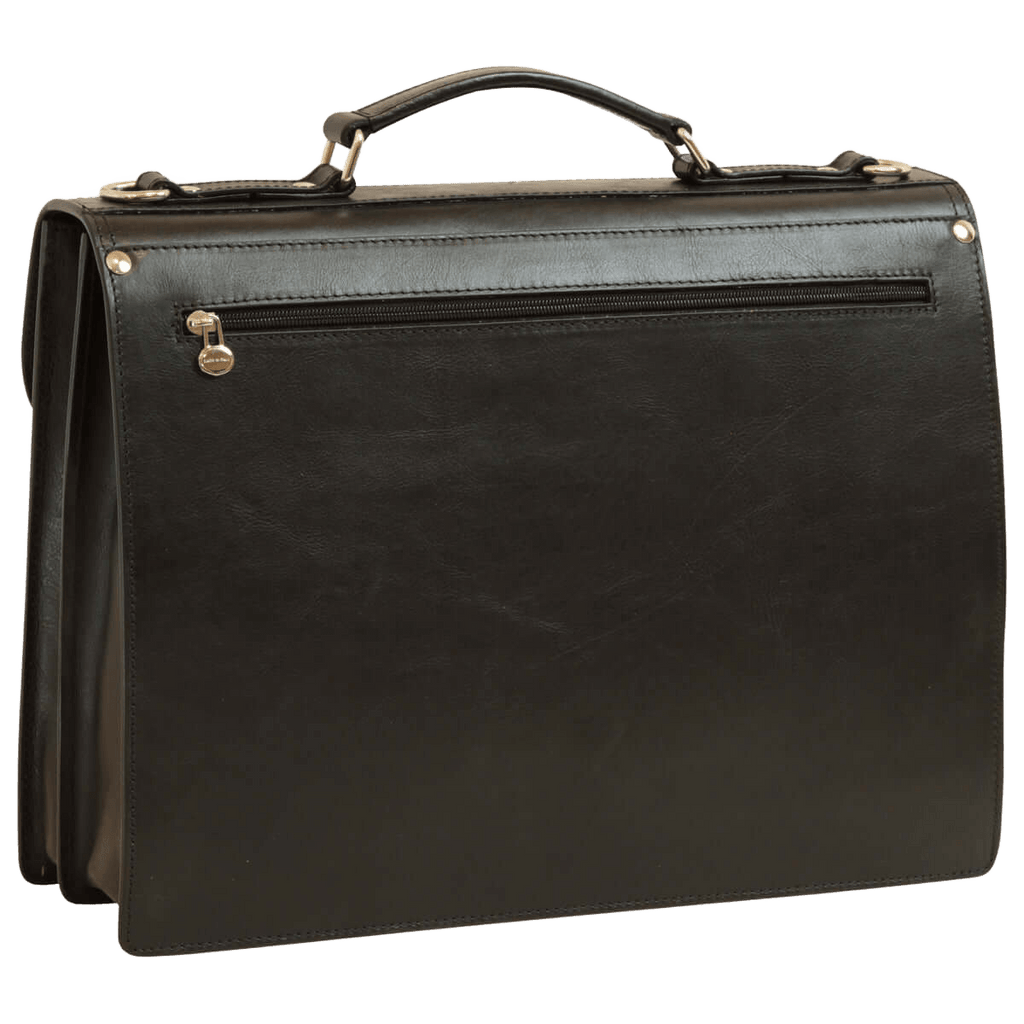 Borsa in pelle nera da uomo con tasca posteriore con zip e manici in metallo.