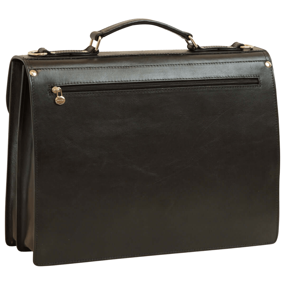 Borsa in pelle nera da uomo con tasca posteriore con zip e manici in metallo.