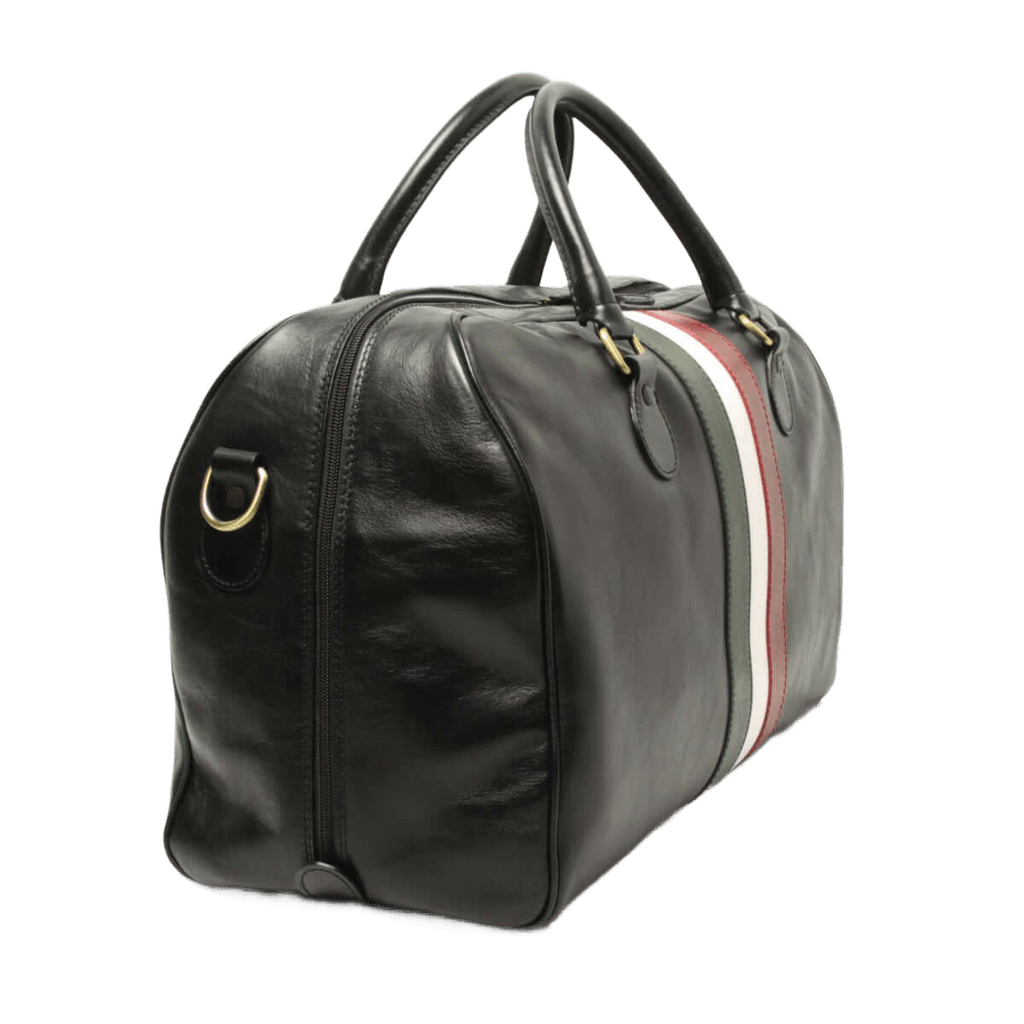 Borsa da viaggio nera in pelle con fascia tricolore e chiusure laterali con fibbie