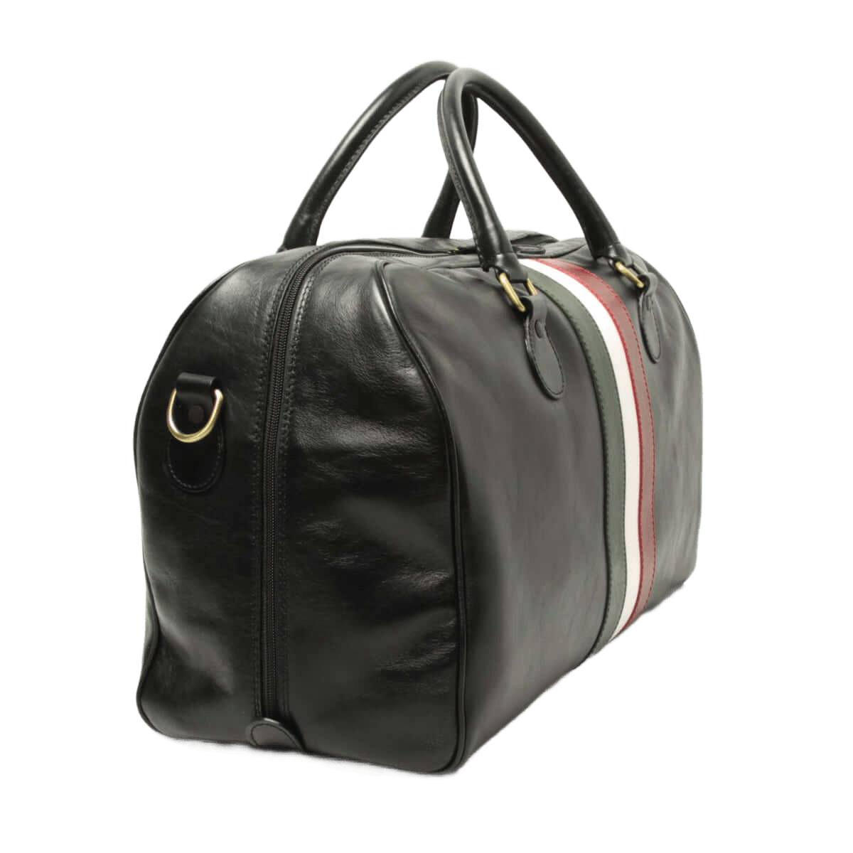 Borsa da viaggio nera in pelle con fascia tricolore e chiusure laterali con fibbie
