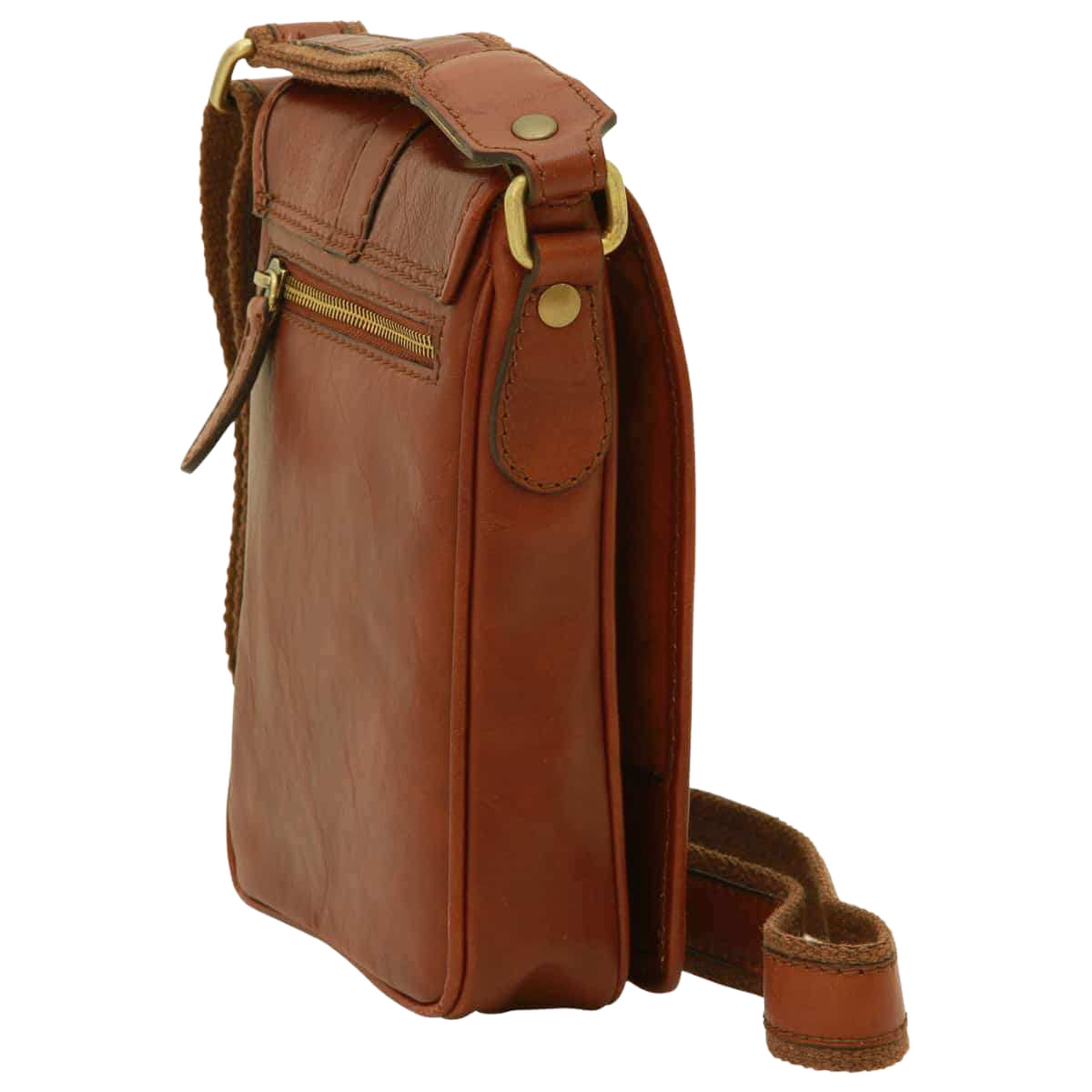 Borsa uomo in pelle marrone laterale con tasca frontale e passante per tracolla