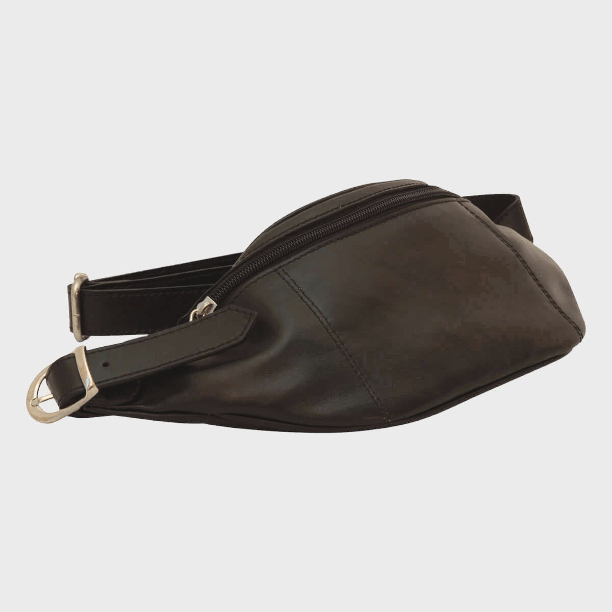 Marsupio in pelle nero frontale con fibbia e zip centrale