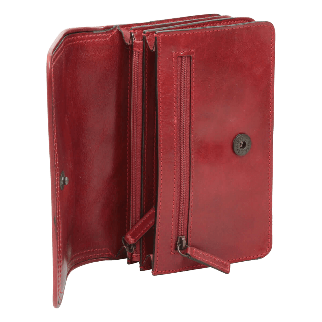 Pochette in pelle rossa aperta con doppie tasche interne e zip