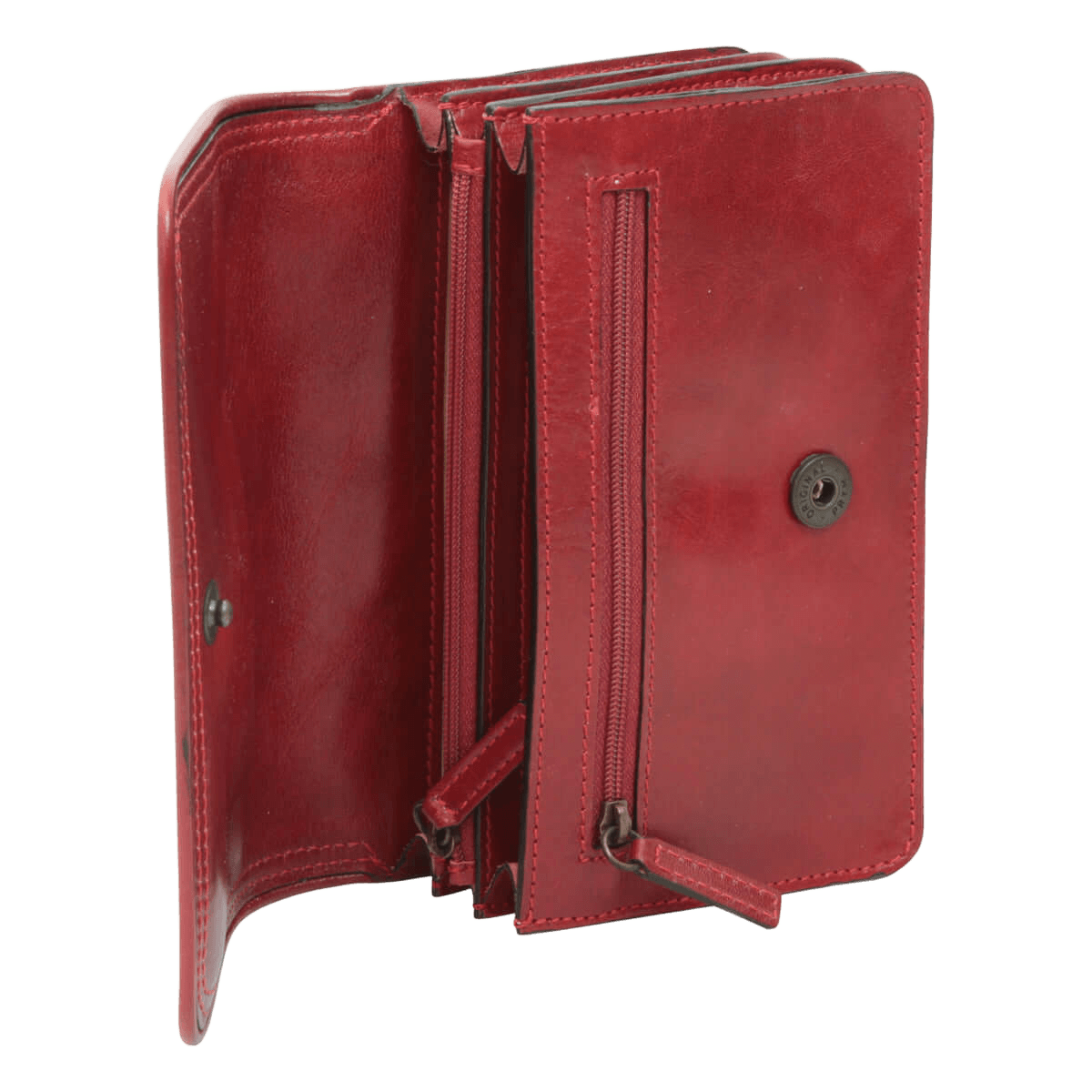 Pochette in pelle rossa aperta con doppie tasche interne e zip