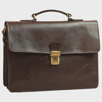 Borsa porta laptop in pelle marrone scuro, patta con fibbia dorata e manici