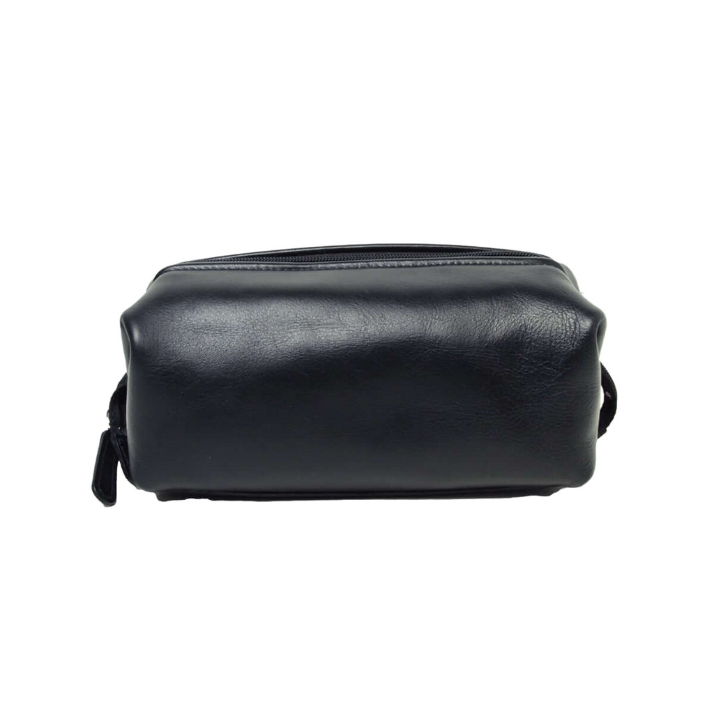 Beauty case in pelle nero chiuso con zip lungo bordo superiore