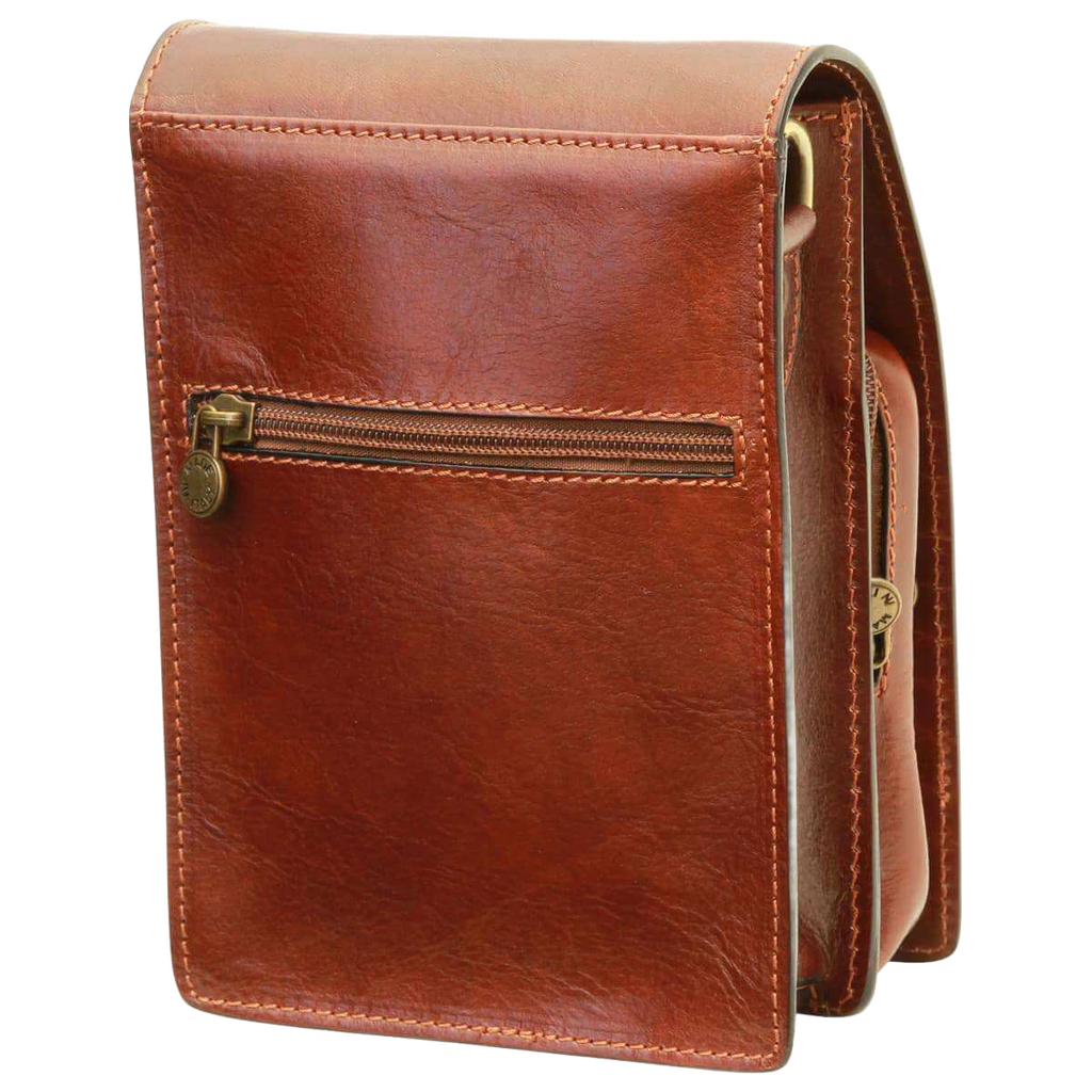 Borsello in pelle marrone con zip frontale e cuciture a contrasto