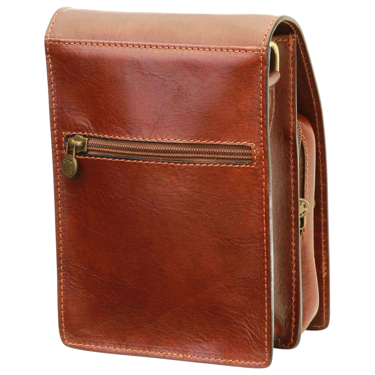 Borsello in pelle marrone con zip frontale e cuciture a contrasto