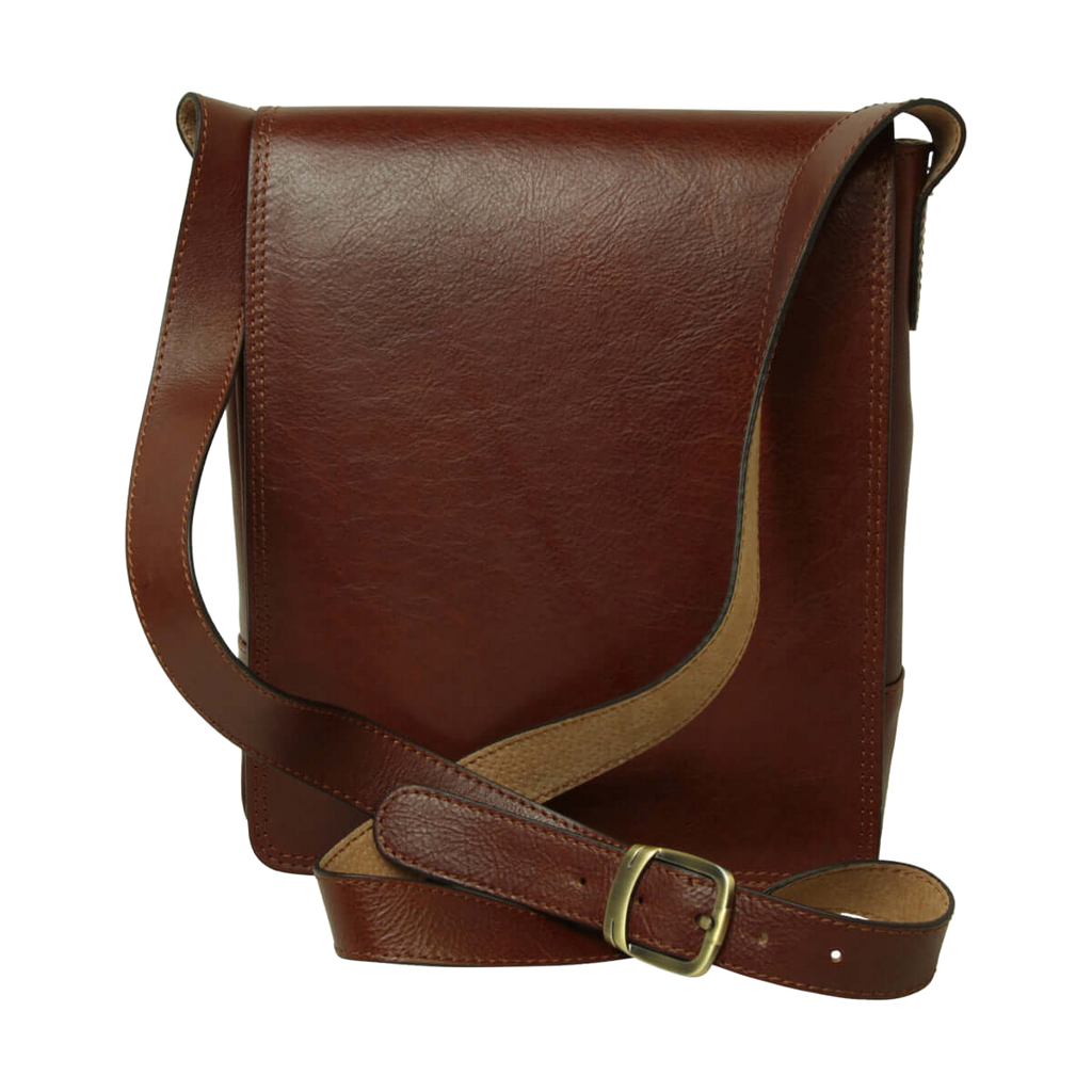 Borsa in pelle marrone per I-Pad con tracolla e chiusura a pattina