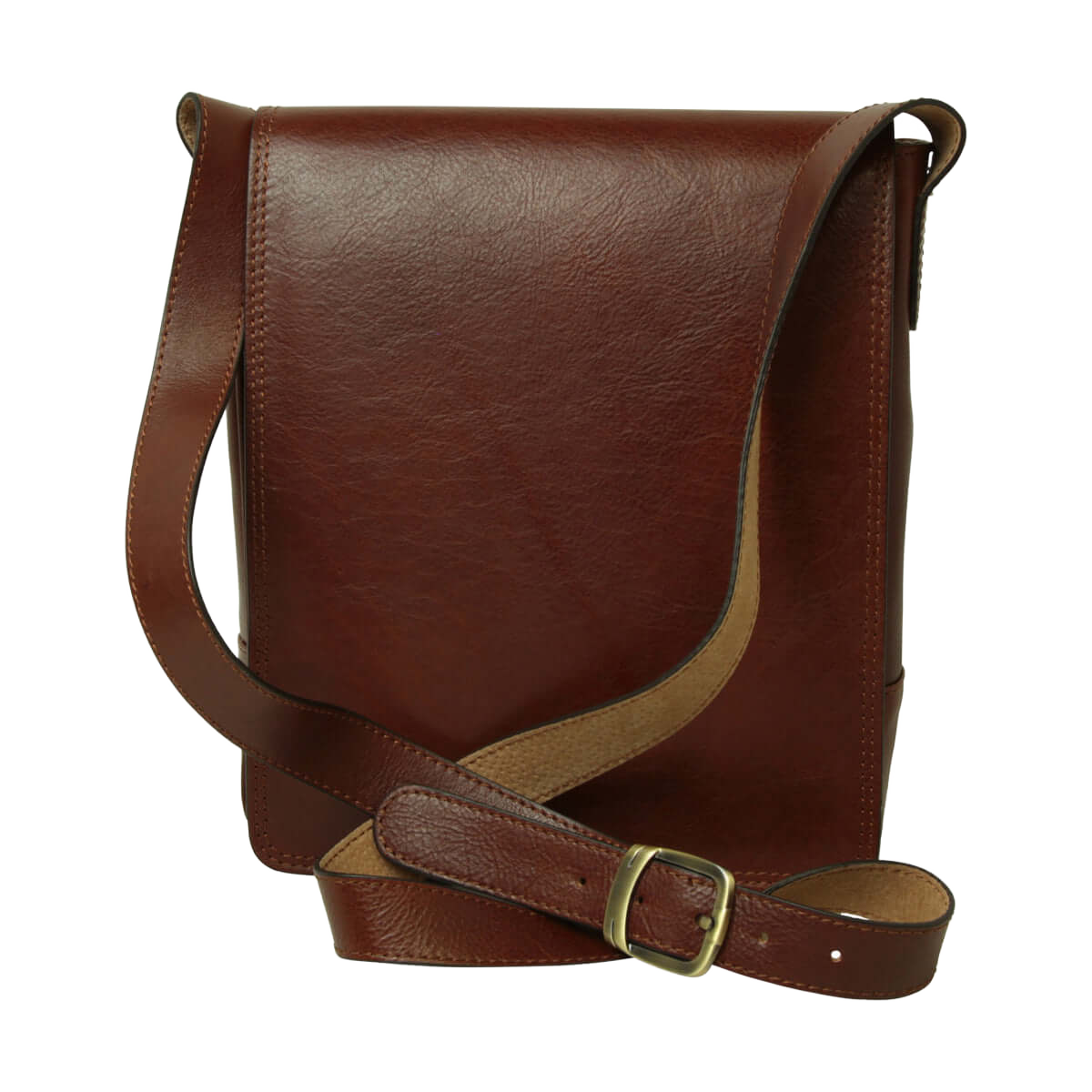 Borsa in pelle marrone per I-Pad con tracolla e chiusura a pattina