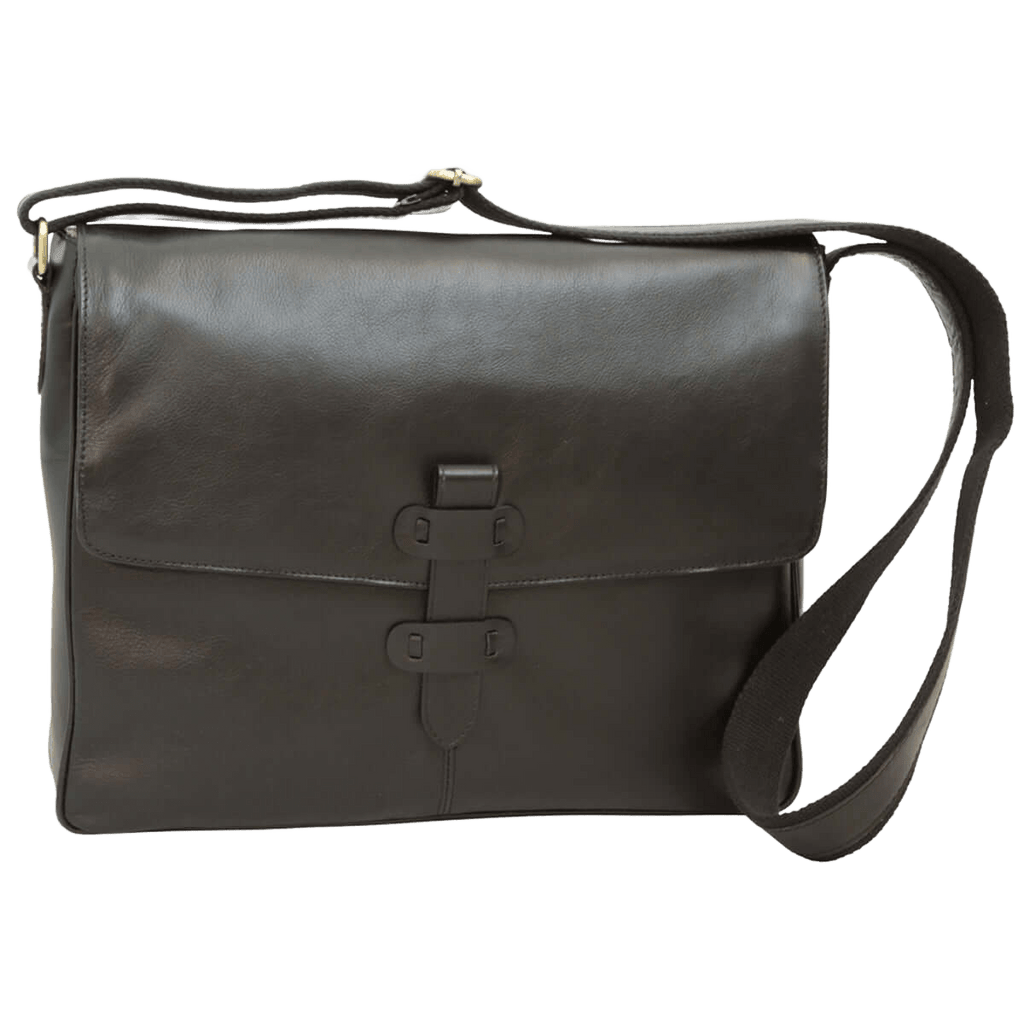 Borsa messenger in pelle nera con patta e fibbie, tracolla regolabile