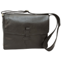 Borsa messenger in pelle nera con patta e fibbie, tracolla regolabile