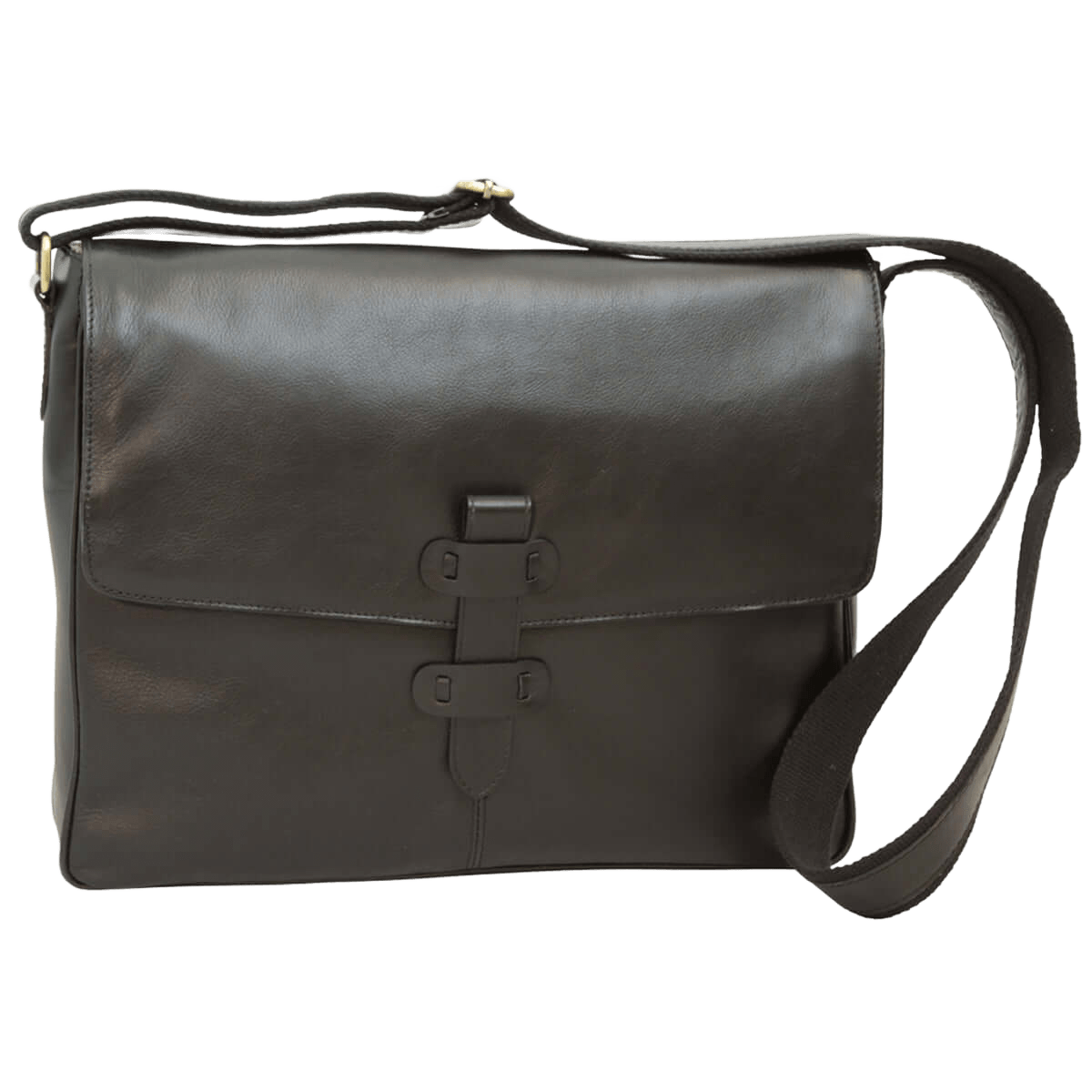 Borsa messenger in pelle nera con patta e fibbie, tracolla regolabile