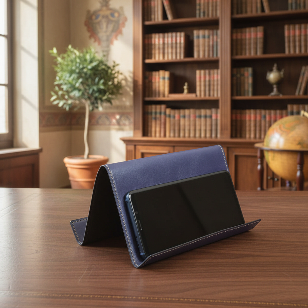 Supporto per iPad e iPhone in pelle blu cobalto, con base inclinata