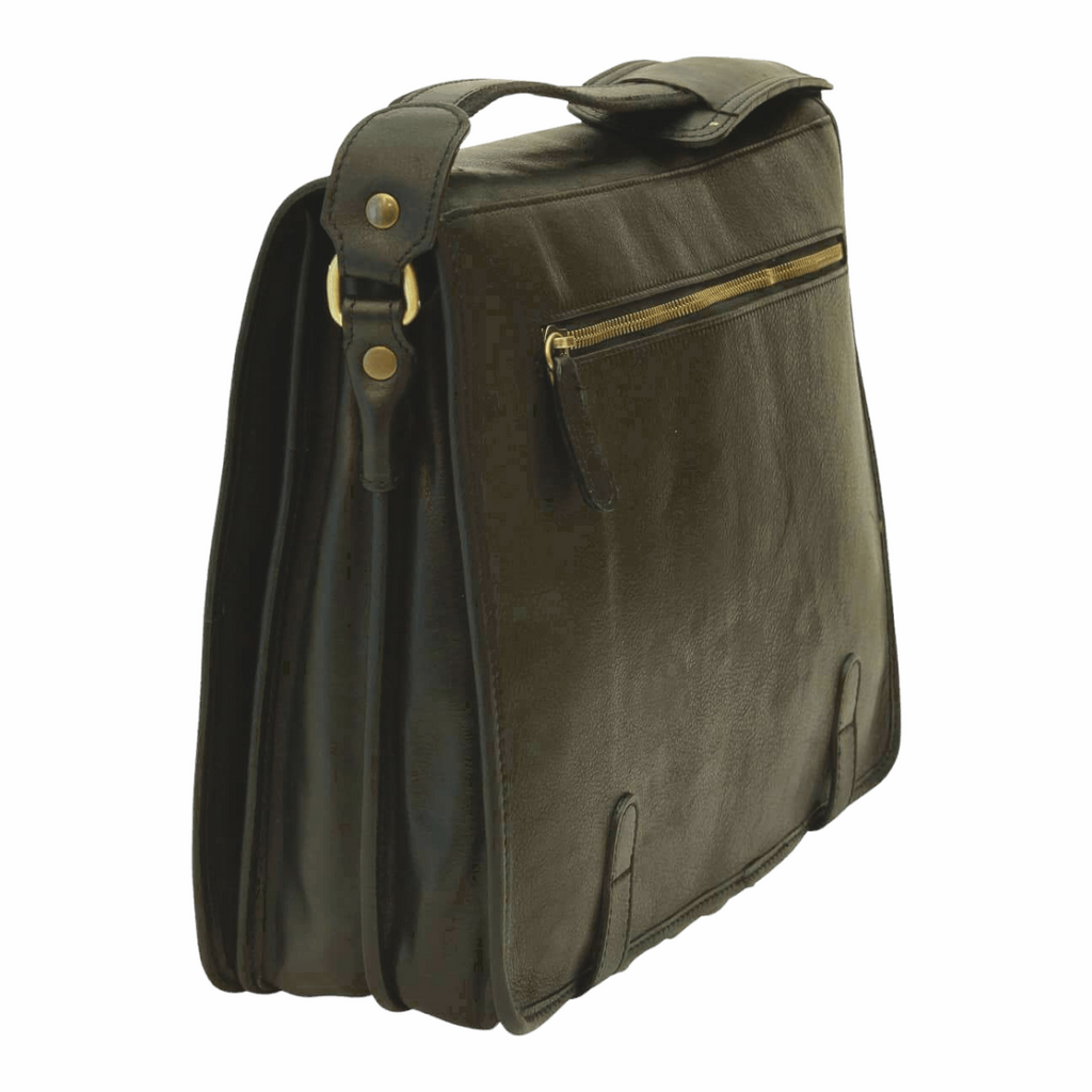 Borsa messenger in vitello nappato scura con tracolla regolabile e tasca laterale