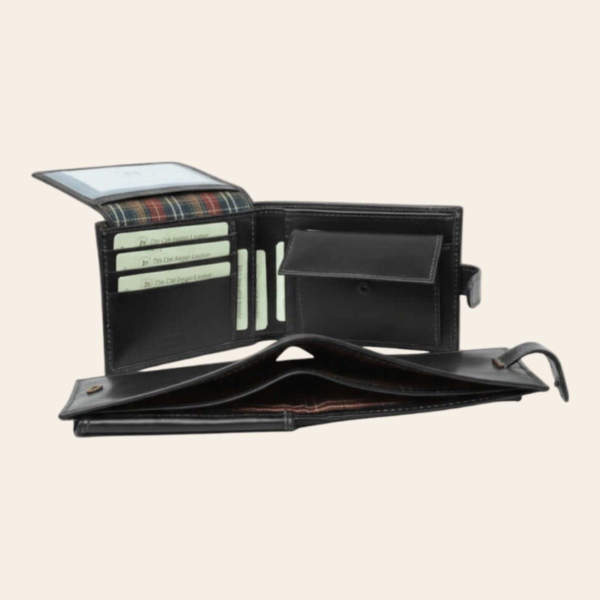 Portafoglio bifold in pelle nera aperto con slot per carte e portamonete