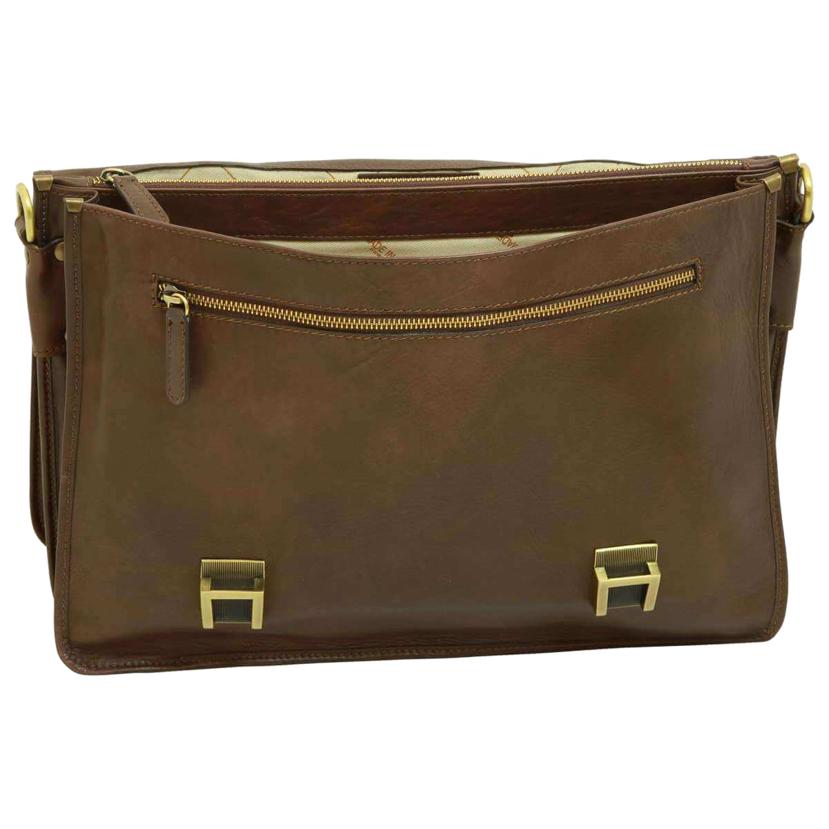 Cartella in pelle marrone scuro con tasca frontale e zip, chiusure metalliche.