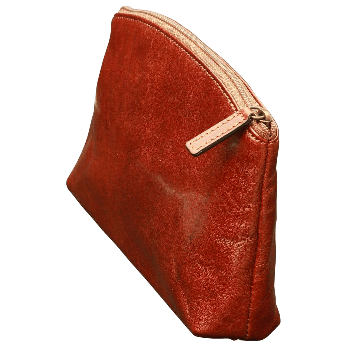 Beauty case in pelle marrone con zip e linguetta in metallo