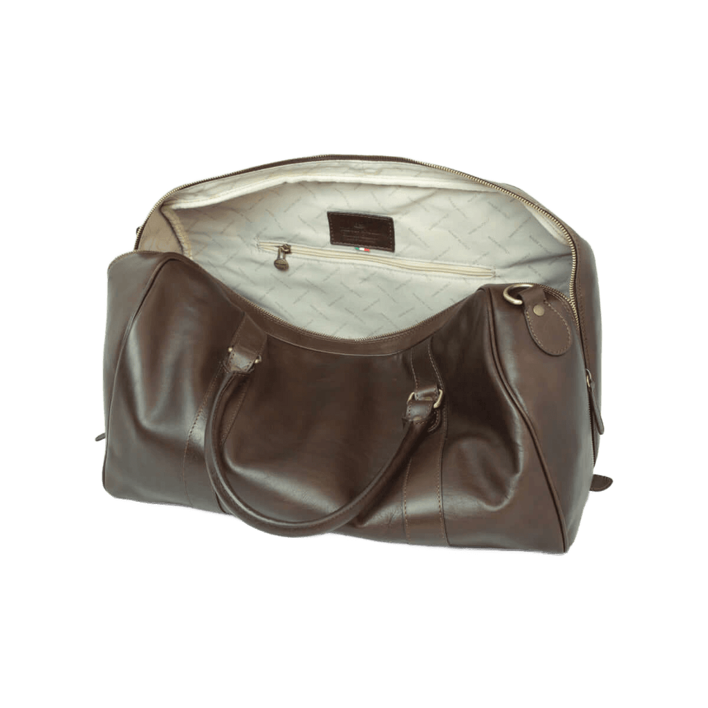 Borsone da viaggio medio in pelle marrone scuro con zip e tracolla removibile