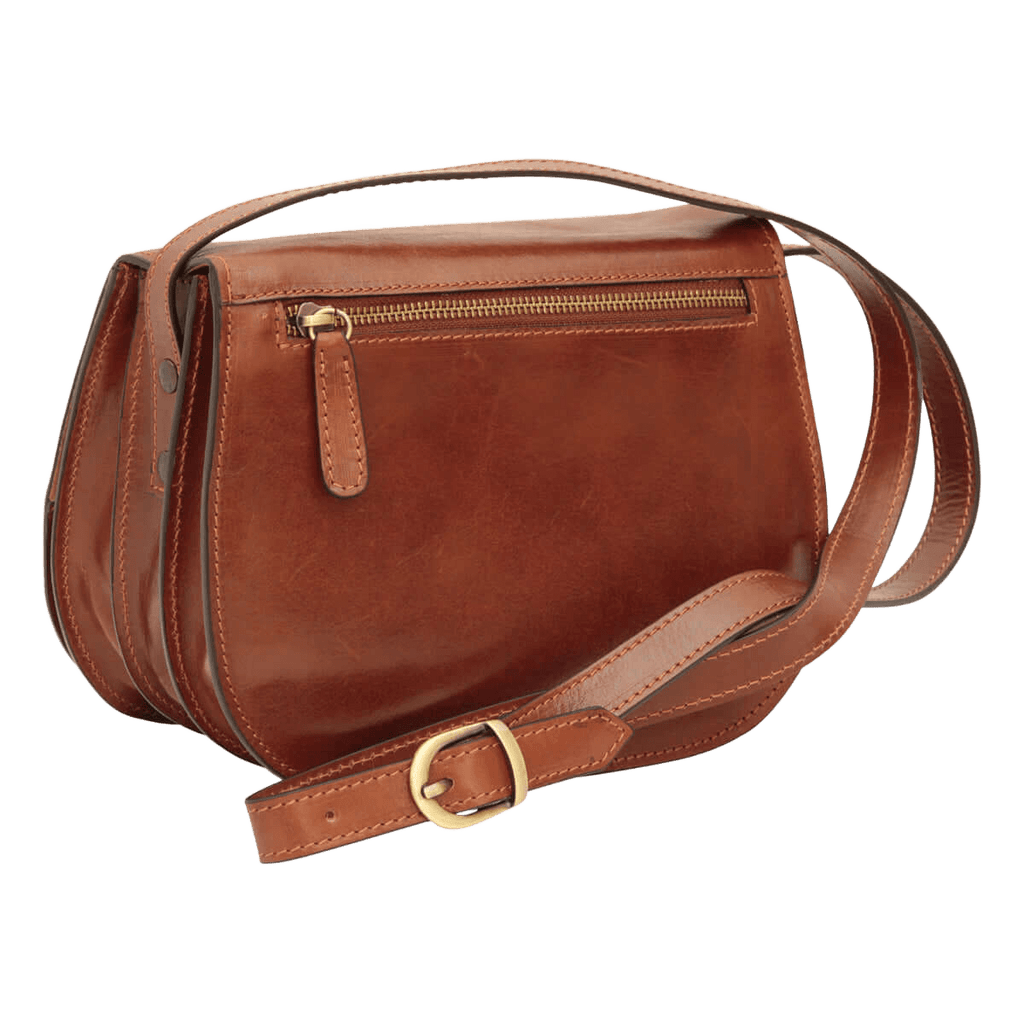 Borsa a tracolla in pelle marrone con zip superiore e cinturino regolabile