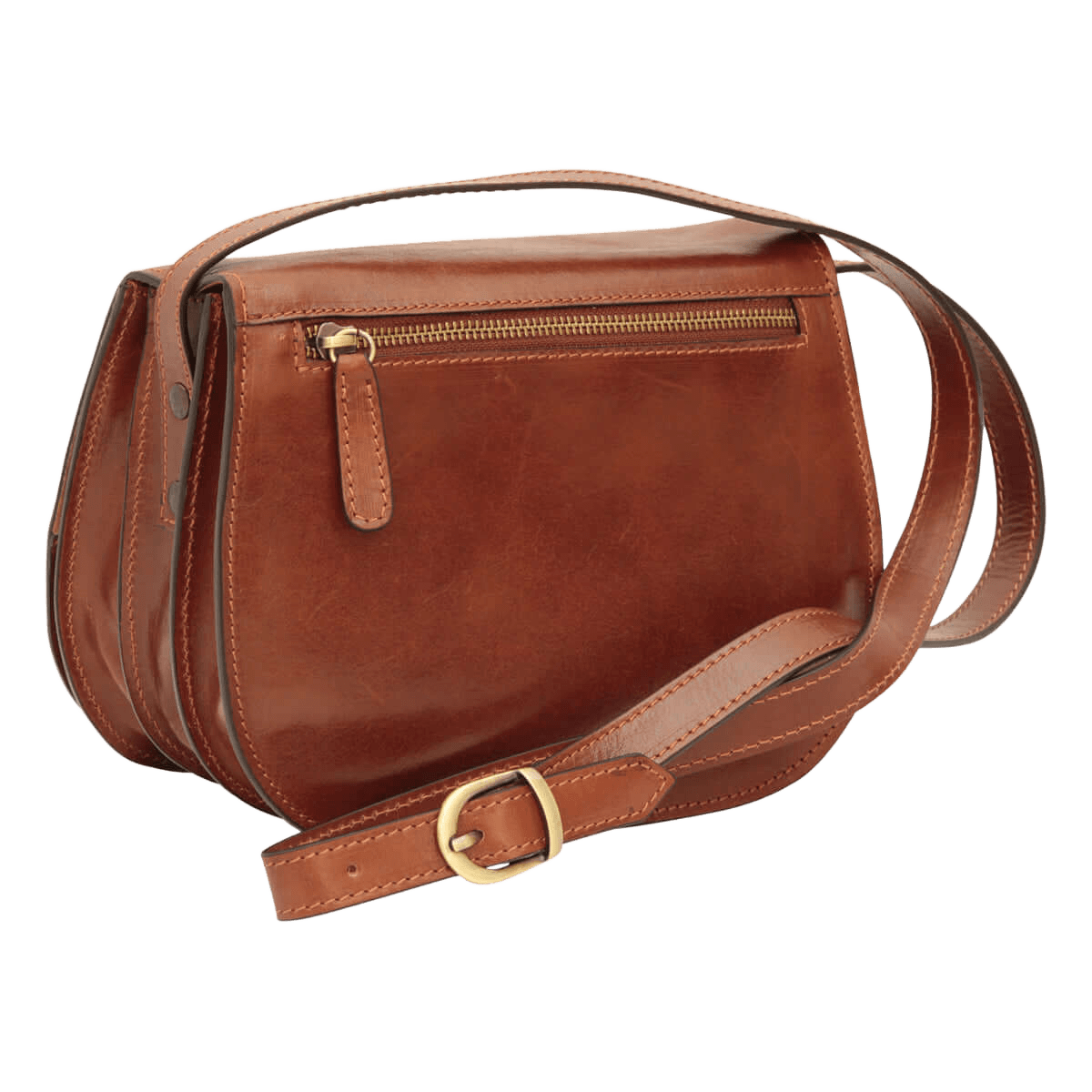 Borsa a tracolla in pelle marrone con zip superiore e cinturino regolabile