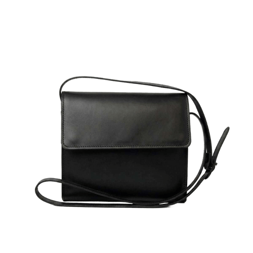 Borsa a tracolla nera in pelle con pattina e tracolla