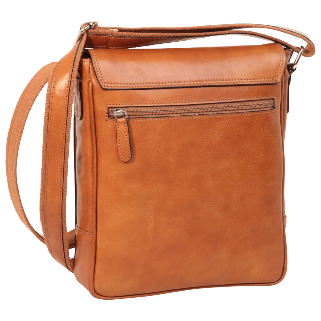 Borsa in pelle marrone per iPad con zip frontale e manico superiore regolabile.