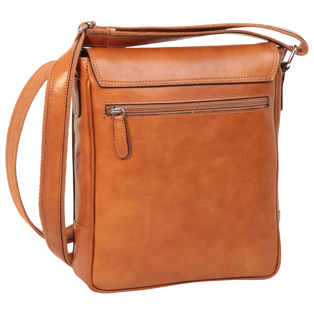 Borsa in pelle marrone per iPad con zip frontale e manico superiore regolabile.