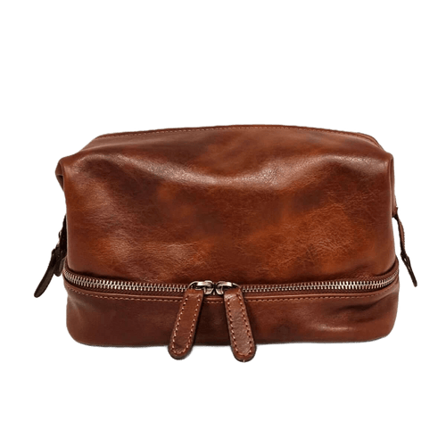 Beauty case marrone in similpelle con cerniera superiore e tiranti