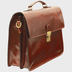 Cartella porta laptop in pelle marrone con tracolla laterale e chiusura frontale