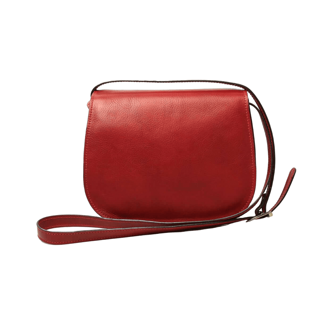 Borsa a tracolla in pelle rossa con tracolla lunga e chiusura superiore