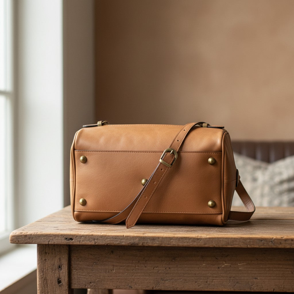 Bauletto in pelle color cuoio con patta frontale e borchie, tracolla regolabile