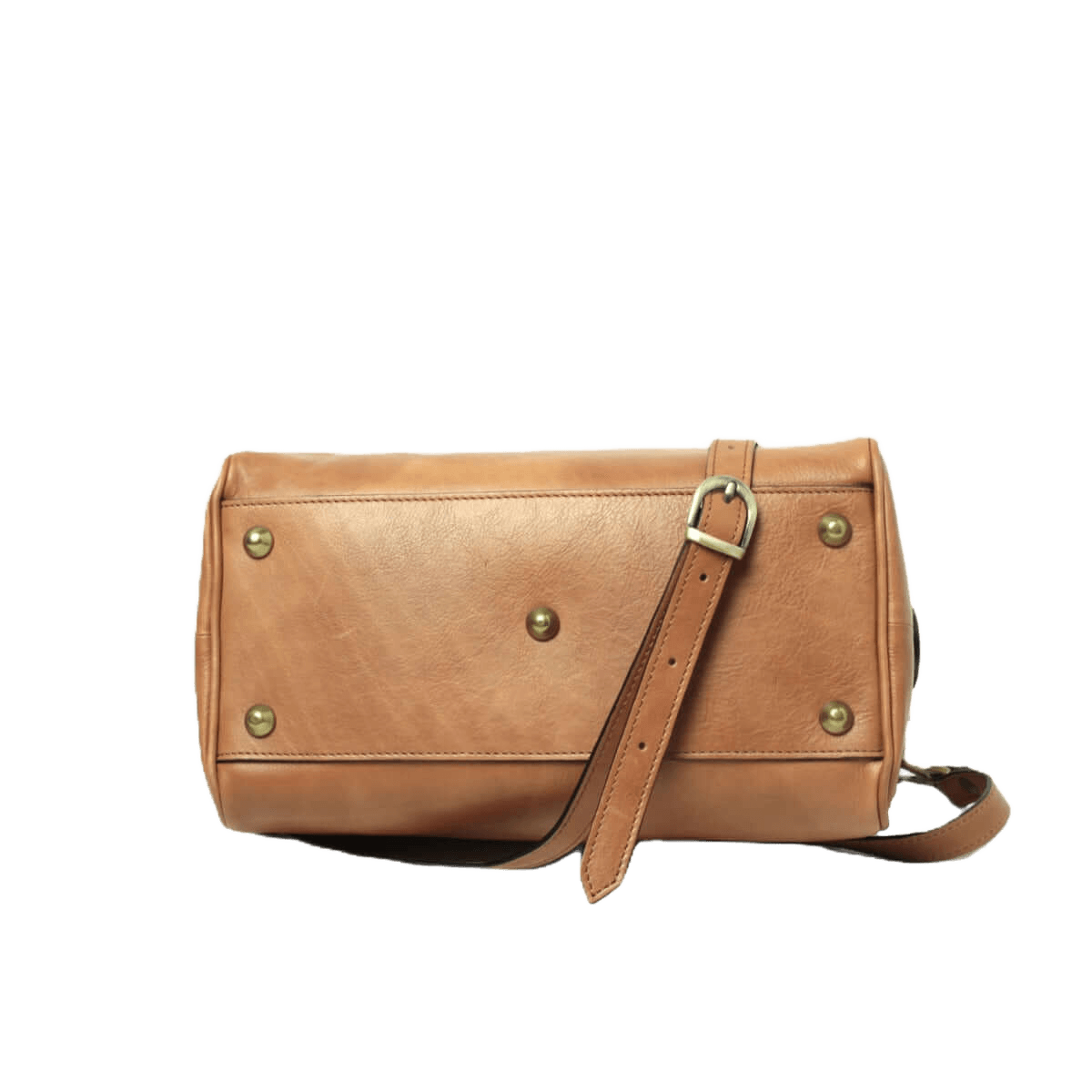 Bauletto in pelle color cuoio con patta frontale e bottoni metallici