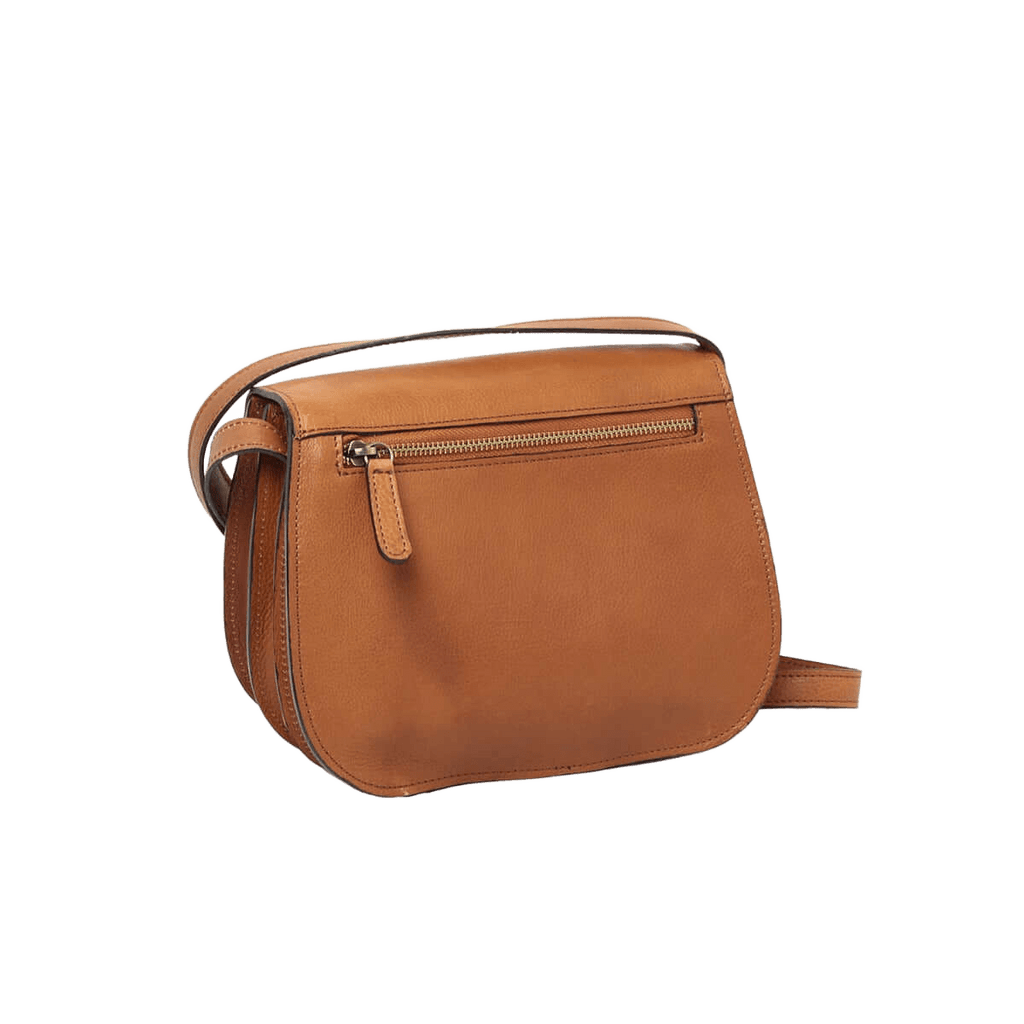 Borsa a tracolla in pelle cuoio, vista laterale, zip frontale e dettagli in metallo