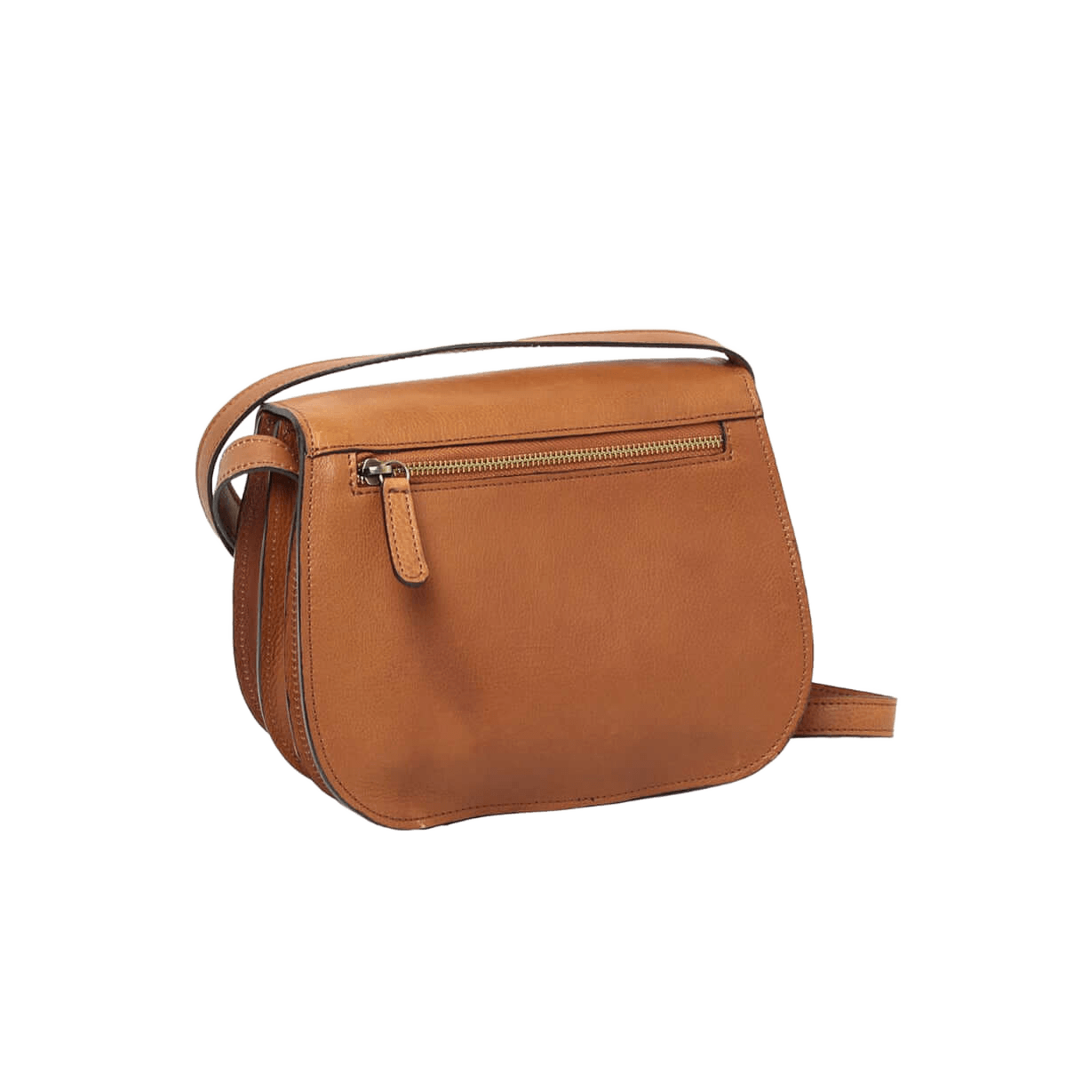 Borsa a tracolla in pelle cuoio, vista laterale, zip frontale e dettagli in metallo