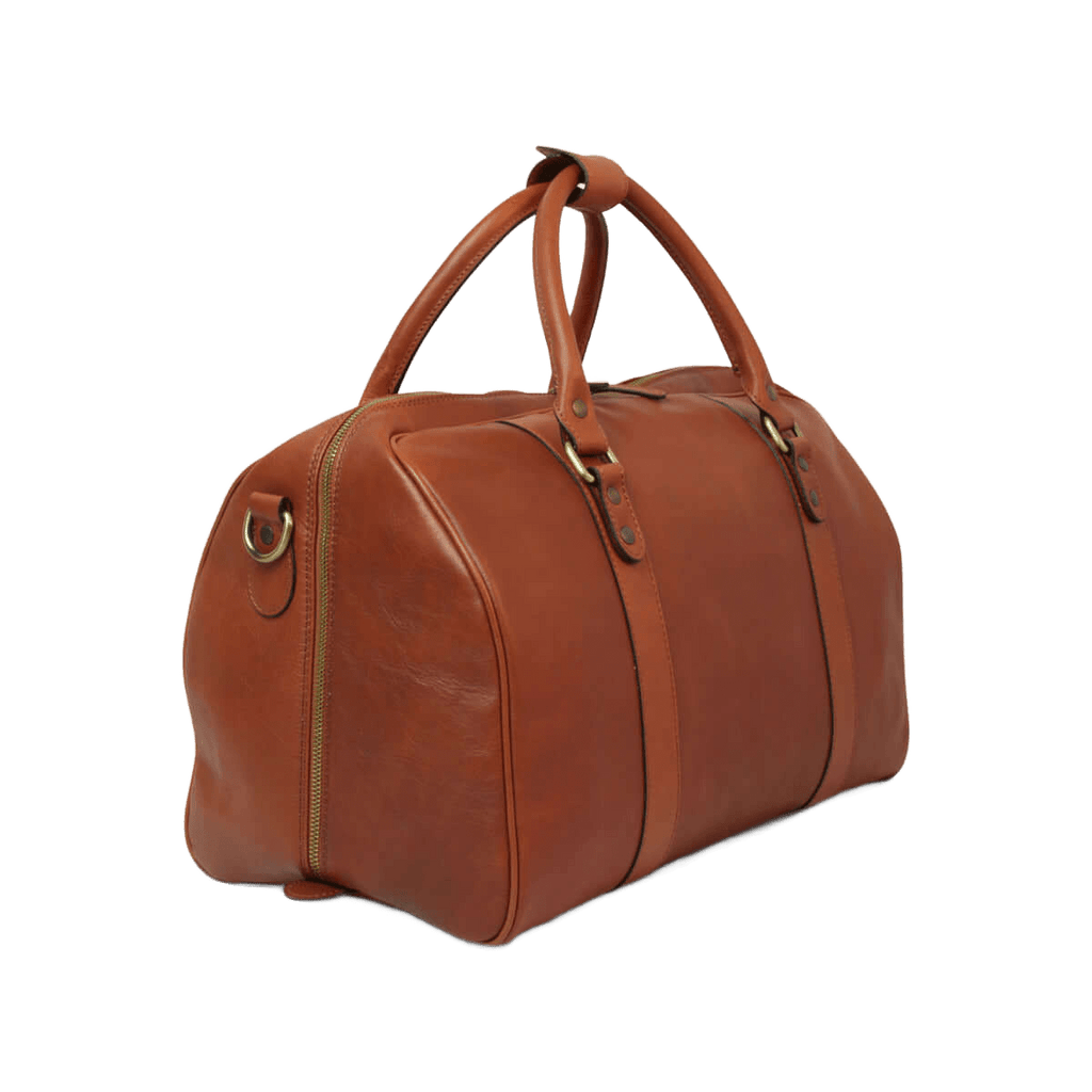 Borsa da viaggio in pelle pieno fiore cuoio con tasca frontale e dettagli in metallo.