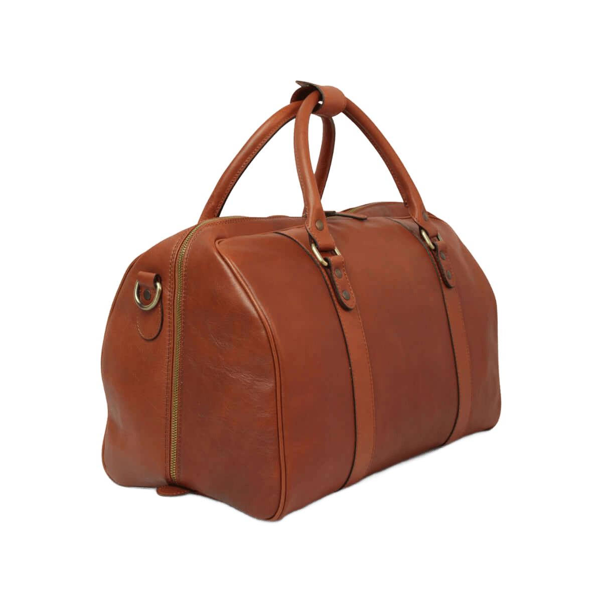 Borsa da viaggio in pelle pieno fiore cuoio con tasca frontale e dettagli in metallo.