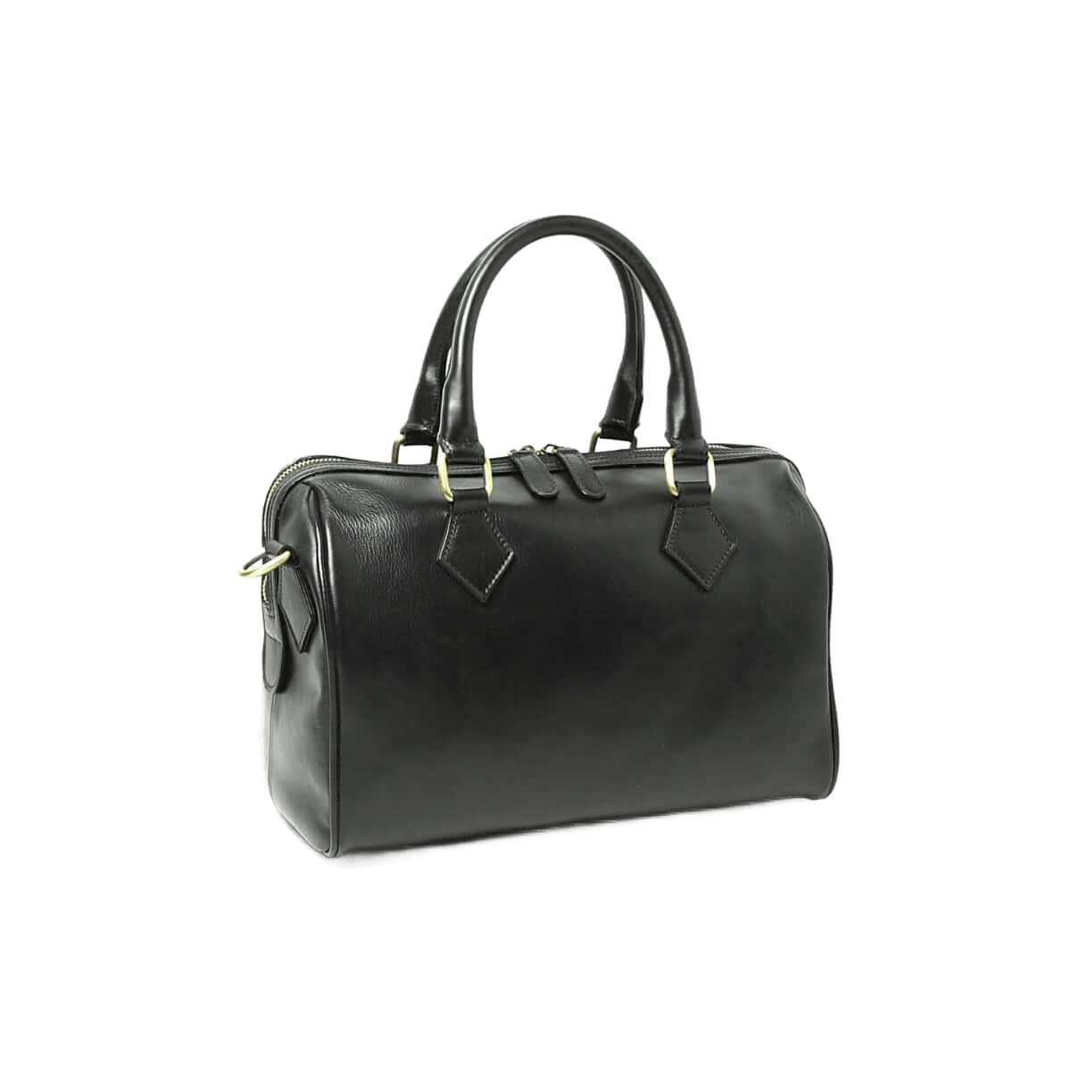 Borsa bauletto in pelle nera con due manici e fibbie metalliche, chiusura a zip.