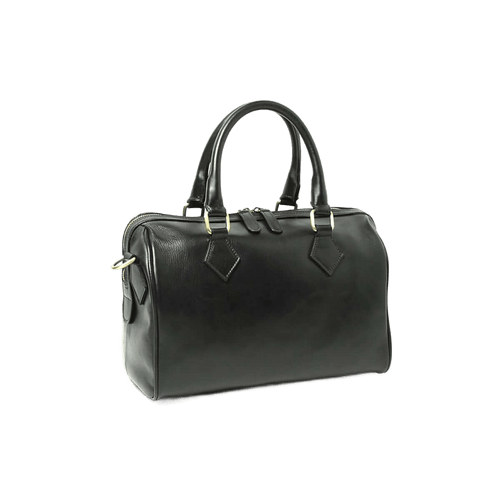 Borsa bauletto in pelle nera con due manici e fibbie metalliche, chiusura a zip.
