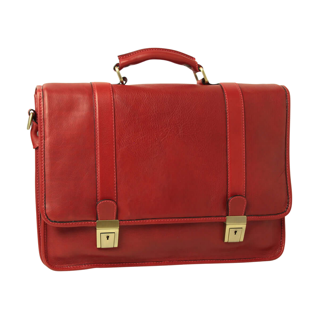 Cartella in pelle di vitello rossa con manico e chiusura a fibbie color ottone