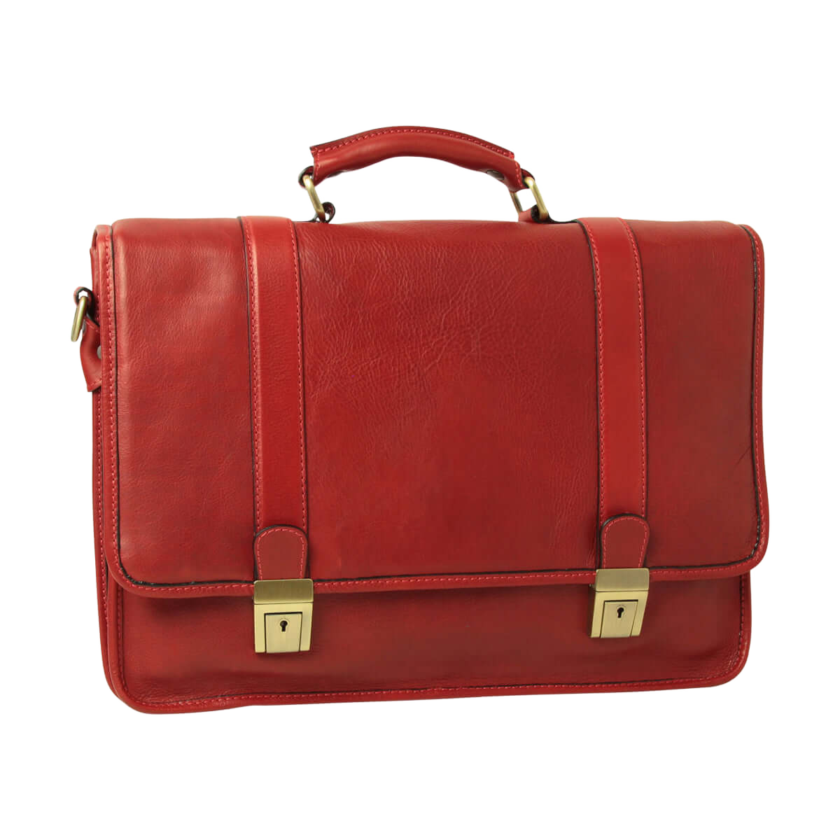 Cartella in pelle di vitello rossa con manico e chiusura a fibbie color ottone