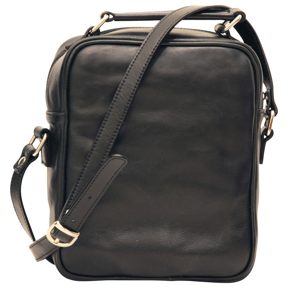 Borsa a tracolla nera con chiusura a zip e tracolla laterale.