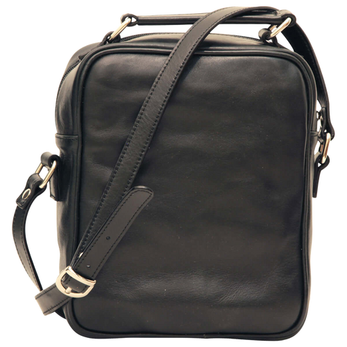 Borsa a tracolla nera con chiusura a zip e tracolla laterale.