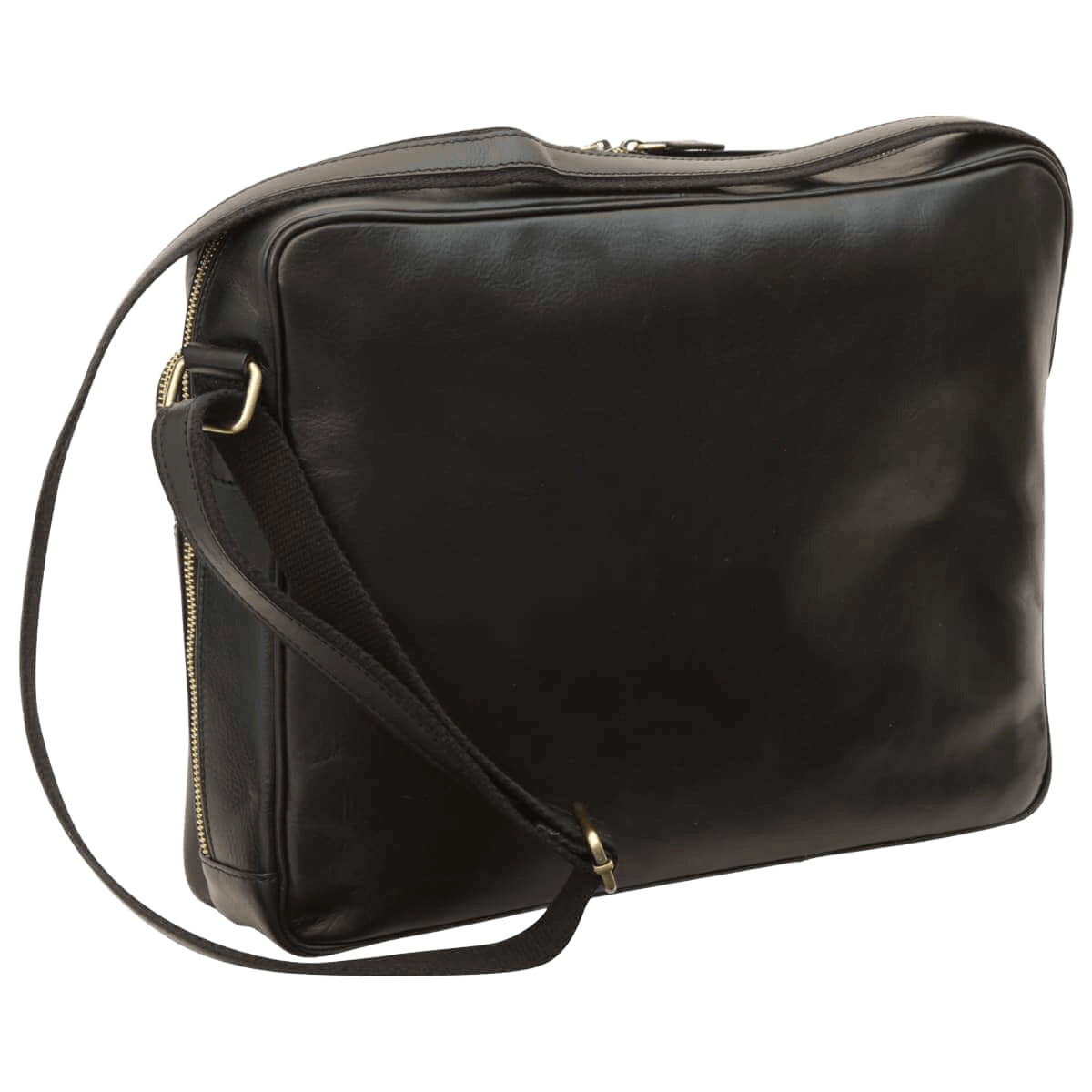 Borsa messenger in pelle nera con tracolla regolabile e zip laterale.